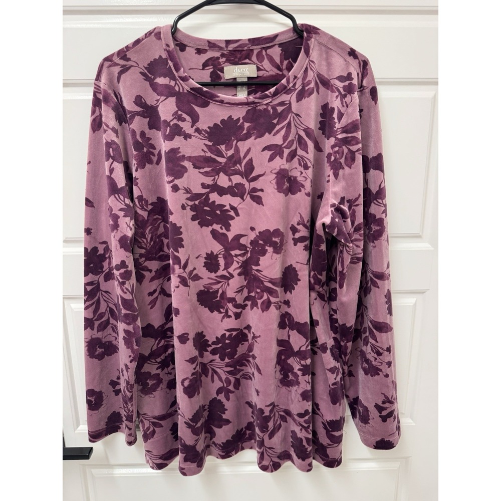 D & Co Comfort Zone Plush Long Sleeve Thermal Top Purple Floral Large